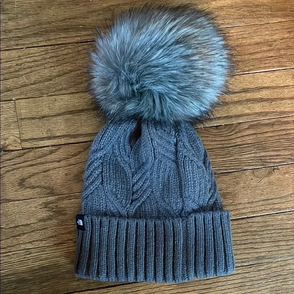 Northface Gray Knit Pom-Pom Beanie for children
